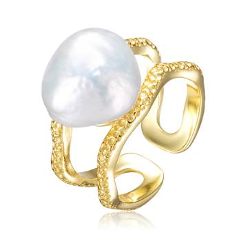 Pear Shape Freshwater Pearl Open Band Ring In 14K Gold Over Sterling Silver