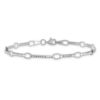 Rhodium Over 14k White Gold 4mm Polished and Textured Fancy Link Bracelet