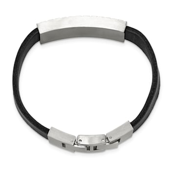 Black Leather and Stainless Steel Textured Enamel ID 7.5-inch with
.5-inch Extension Bracelet