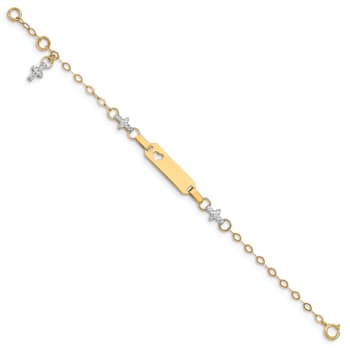 14k Yellow Gold and 14k White Gold Baby Polished Textured Cross ID Bracelet