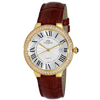 Oniss Women's Glam Collection Yellow Bezel, Brown Leather Strap Watch
