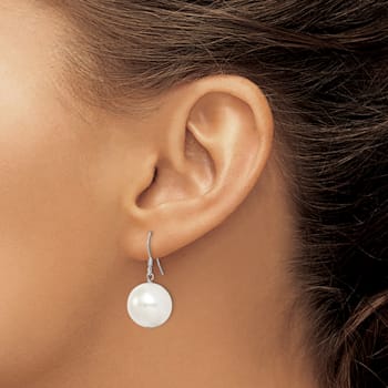 Rhodium Over Sterling Silver 14-15mm Round Shell Pearl Dangle Earrings