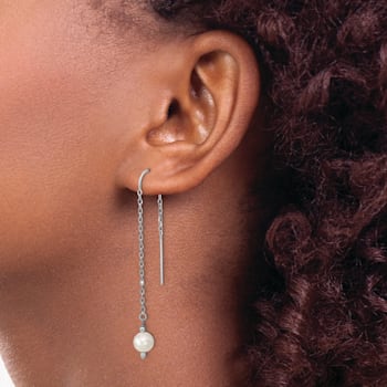 Rhodium Over Sterling Silver  6-7mm White Freshwater Cultured Pearl
Threader Earrings