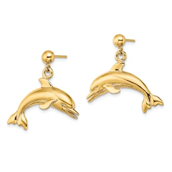 14k Yellow Gold Jumping Dolphin Dangle Earrings