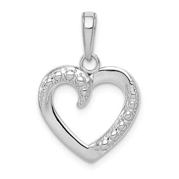Rhodium Over 14k White Gold Polished and Textured Heart Pendant