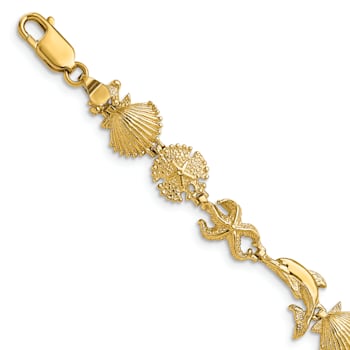 14k Yellow Gold Textured Dolphin and Sea Shell Links Bracelet