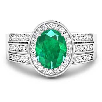1.97ctw Green Emerald and Diamond 14K White Gold Halo Ring
