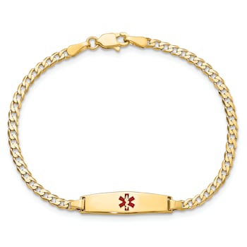 14k Yellow Gold Medical Soft Diamond Shape Red Enamel Curb link ID Bracelet