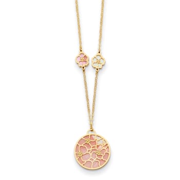 14K Yellow Gold Pink and White Mother Of Pearl Circle and Flowers 18
Inch Necklace