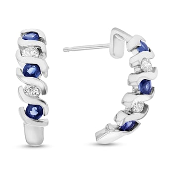 0.76ctw Sapphire and Diamond J-Hoop Earrings in 14k White Gold