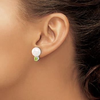 Sterling Silver 10-11mm Freshwater Cultured Button Pearl with Peridot Earrings
