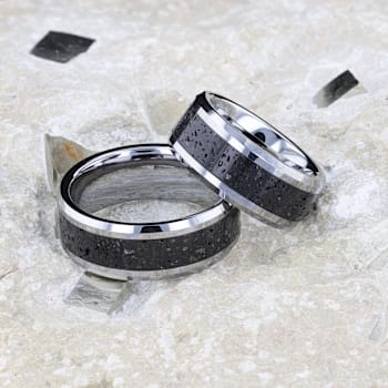 KILAUEA Men’s Polished Tungsten Wedding Band with Lava Rock Stone Inlay
w/Polished Beveled Edges 8mm