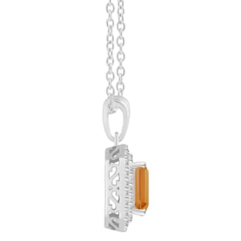 8x6mm Emerald Cut Citrine And White Topaz Rhodium Over Sterling Silver
Double Halo Pendant w/Chain