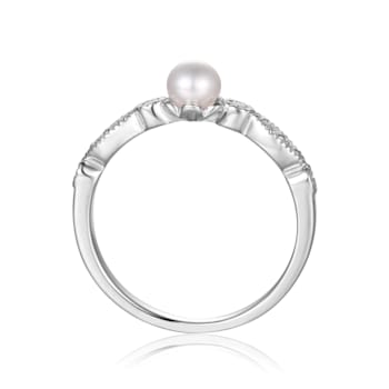 Freshwater Pearl with Moissanite Accents Rhodium Over Sterling Silver Ring