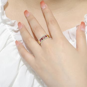 Oval Ruby and Round Moissanite 14K Yellow Gold Over Sterling Silver Wide
Band Ring