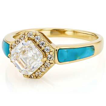 Diamond Simulant Asscher, Composite Turquoise And White Zircon Ring In
18K Gold Over Sterling Silver 2.04ctw