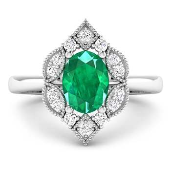 1.2ctw Green Emerald and Diamond 14K White Gold Halo Ring