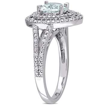 Aquamarine and Diamond 10K White Gold Halo Heart Ring 1.68ctw