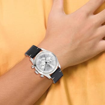 Charles Hubert Men's Stainless Steel Leather Band 46mm Dual Time Watch