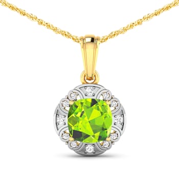 2.02ctw 14K Yellow Gold Cushion Peridot and White Diamond Pendant with
18 inch Cable Chain