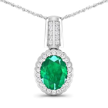 1.65ctw 14K White Gold Zambian Emerald and White Diamond Pendant with 18
inch Cable Chain