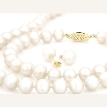 7-7.5mm White Cultured Freshwater Pearl 14k Yellow Gold Jewelry Set
