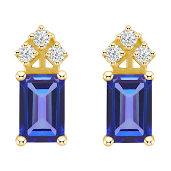 6x4mm Emerald Cut Tanzanite with Diamond Accents 14k Yellow Gold Stud Earrings