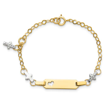 14k Yellow Gold and 14k White Gold Baby Polished Textured Cross ID Bracelet