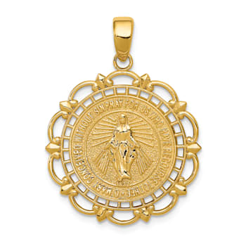 14K Yellow Gold Polished Miraculous Medal With Scallop Frame Pendant