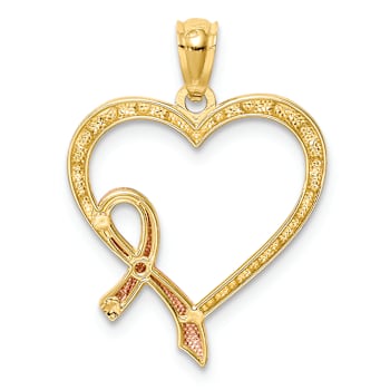 14k Two-tone Gold Pink Ribbon with Textured Heart Pendant