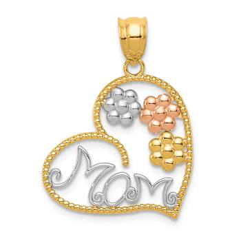 14K Tri-color Gold textured MOM and Flowers Pendant