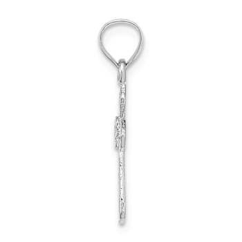 Rhodium Over 14k White Gold Textured Small Cross with Flower Pendant