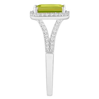8x6mm Emerald Cut Peridot 1/4 ctw Diamond Rhodium Over Sterling Silver
Halo Ring