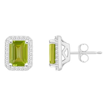 7x5mm Emerald Cut Peridot 1/5 ctw Diamond Rhodium Over Sterling Silver
Halo Stud Earrings