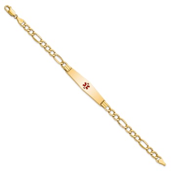 14k Yellow Gold Medical Soft Diamond Shape Red Enamel Figaro Link ID Bracelet