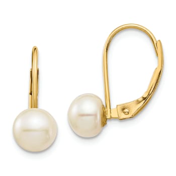 14K Yellow Gold 6-7mm White Button Freshwater Cultured Pearl Leverback Earrings