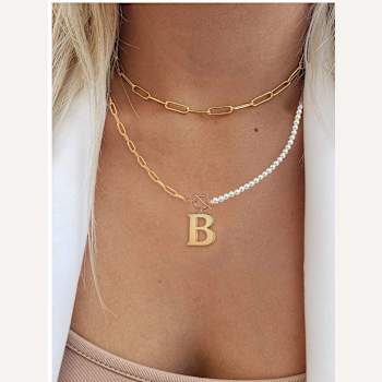 14K Gold Over Brass Initial Pearl Simulant Link Chain Necklace Letter B