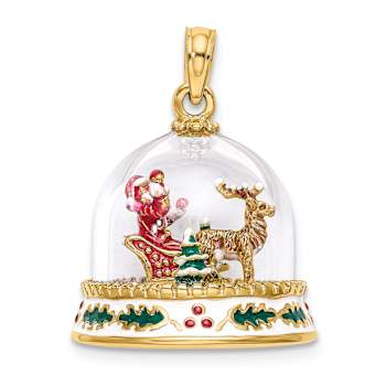 14k Yellow Gold 3D Enameled Christmas Snow Globe Pendant