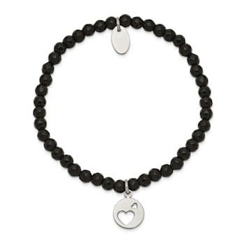 Stainless Steel Polished Hearts Black Jade Beaded Stretch Bracelet