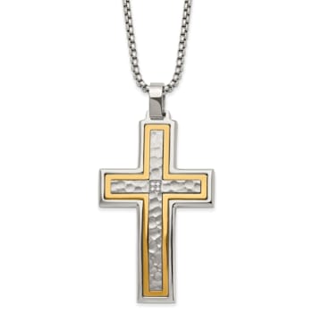 White Cubic Zirconia Stainless Steel Yellow IP-plated Men's Cross
Pendant with Chain