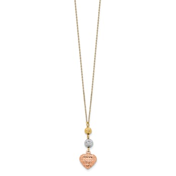 14K Tri-color Ropa Diamond Cut Beads and Heart with 2-inch Extension Necklace