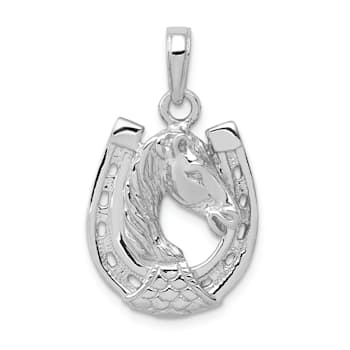Rhodium Over 14K White Gold Solid Polished Horse Head in Horseshoe Pendant