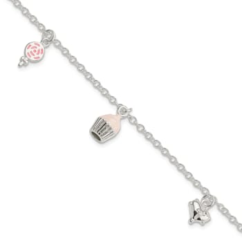 Sterling Silver Enamel Lollipop, Cupcake and Heart with 1.5-inch
Extension Children's Bracelet