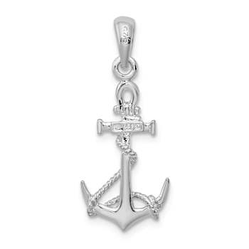 Rhodium Over Sterling Silver 3D Anchor with Rope and Shackle Pendant