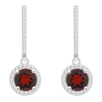 6mm Round Garnet 1/3 ctw Diamond Rhodium Over Sterling Silver Halo
Dangle Earrings