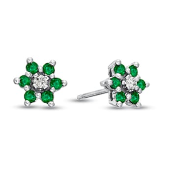 0.48ctw Emerald and Diamond Flower Cluster Earrings in 14k White Gold