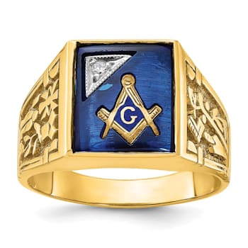 10K Yellow Gold Men's Lab Created Sapphire and Diamond Lodge Masonic Ring