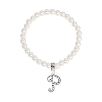 White Faux Pearl Bead Initial Charm Stretch Bracelet