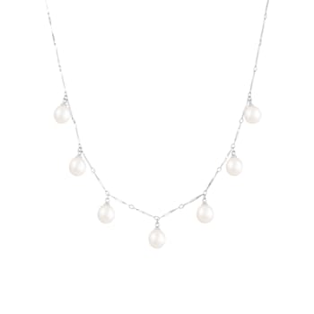 7-8mm White Cultured Freshwater Pearl Rhodium Over Sterling Silver Necklace
