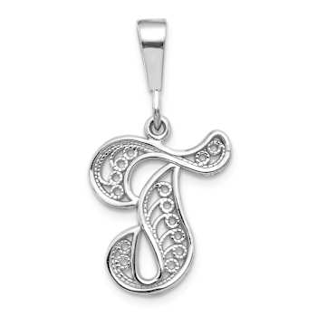 Rhodium Over 14k White Gold Solid Polished Script Filigree Textured
Letter T Initial Pendant